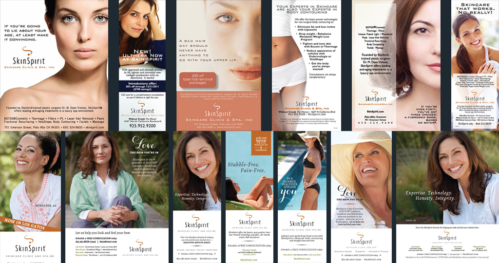 We’ve produced over 450 print magazine ads for SkinSpirit Skincare Clinic and Spa and counting!  The key here is consistency of brand – and in this case, also the re-brand.