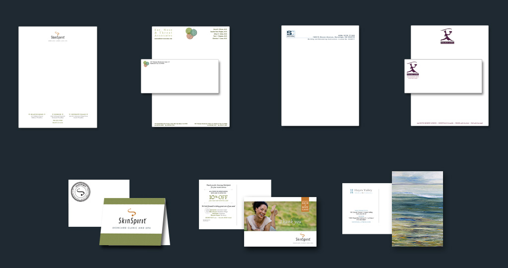 Stationary: letterhead, envelopes, return address stamp, greeting card and postcards